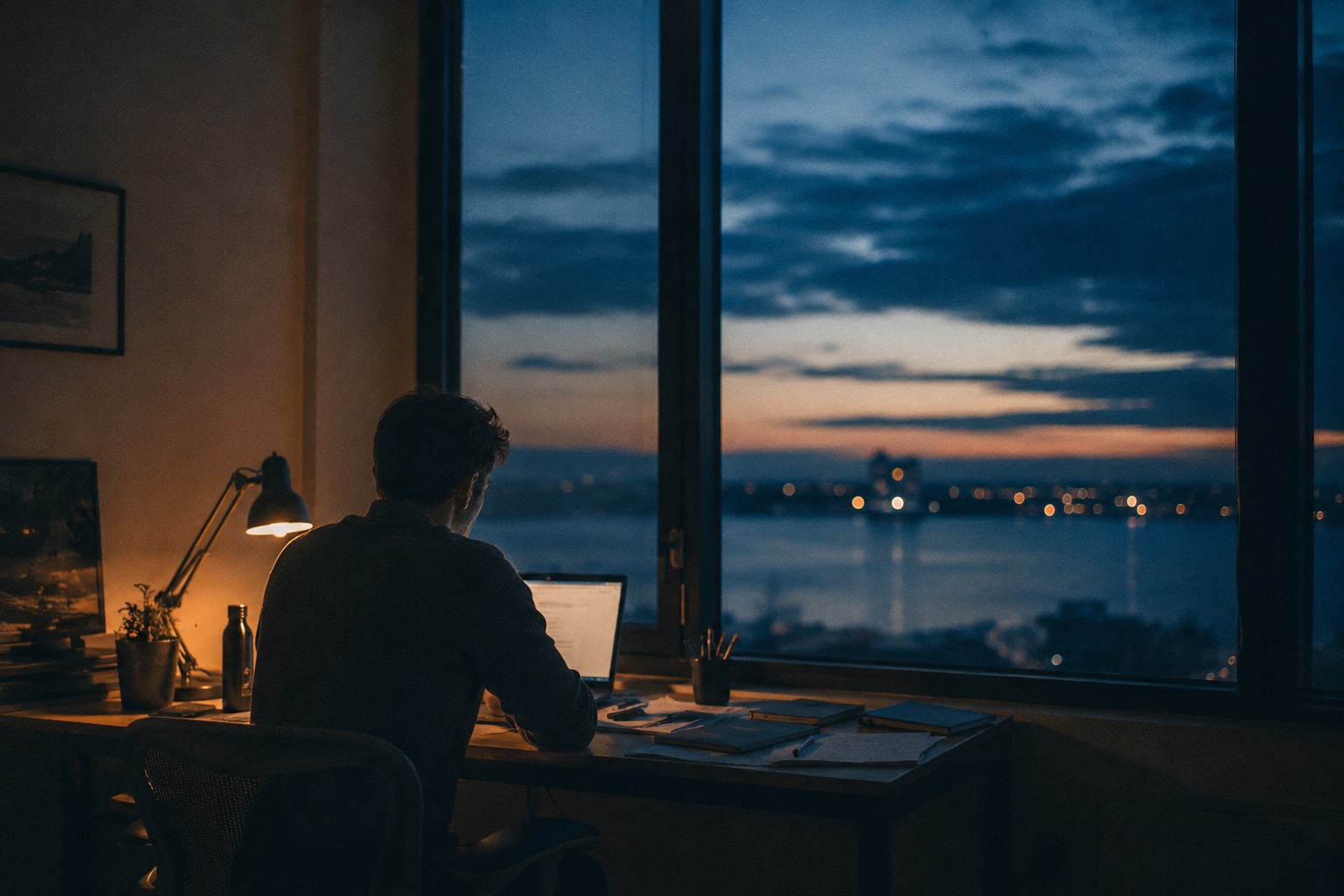 A person working at a desk by a large window at dusk, a warm lamp against deep blue evening light